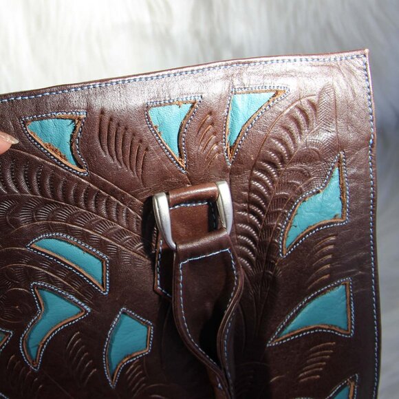JL Saldivar Cutout Tooled Leather Large Purse Tote Bag, Dark Brown & Turquoise - Picture 13 of 16